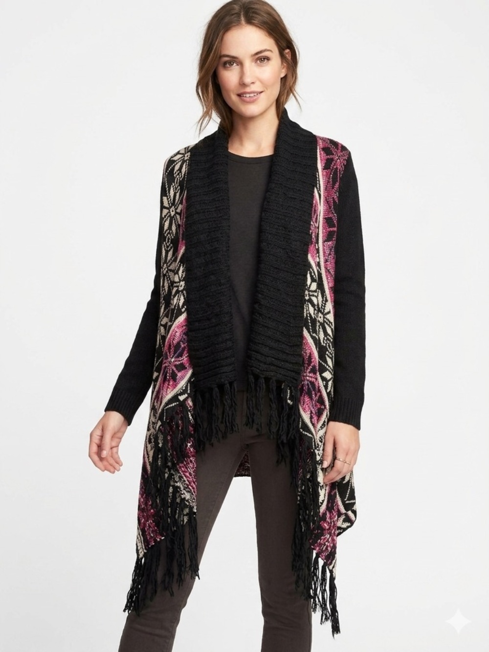 Dont You Dare Boho Fringe Cardigan Shawl Collar Knit XS Cozy Festival